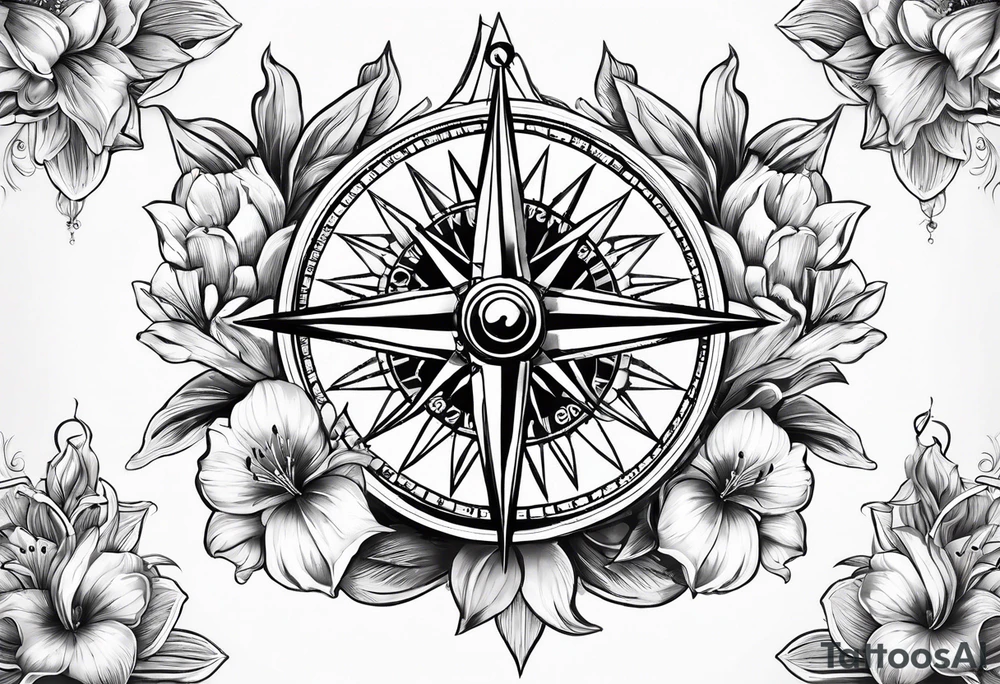 A Vintage compass with lily flower. tattoo idea