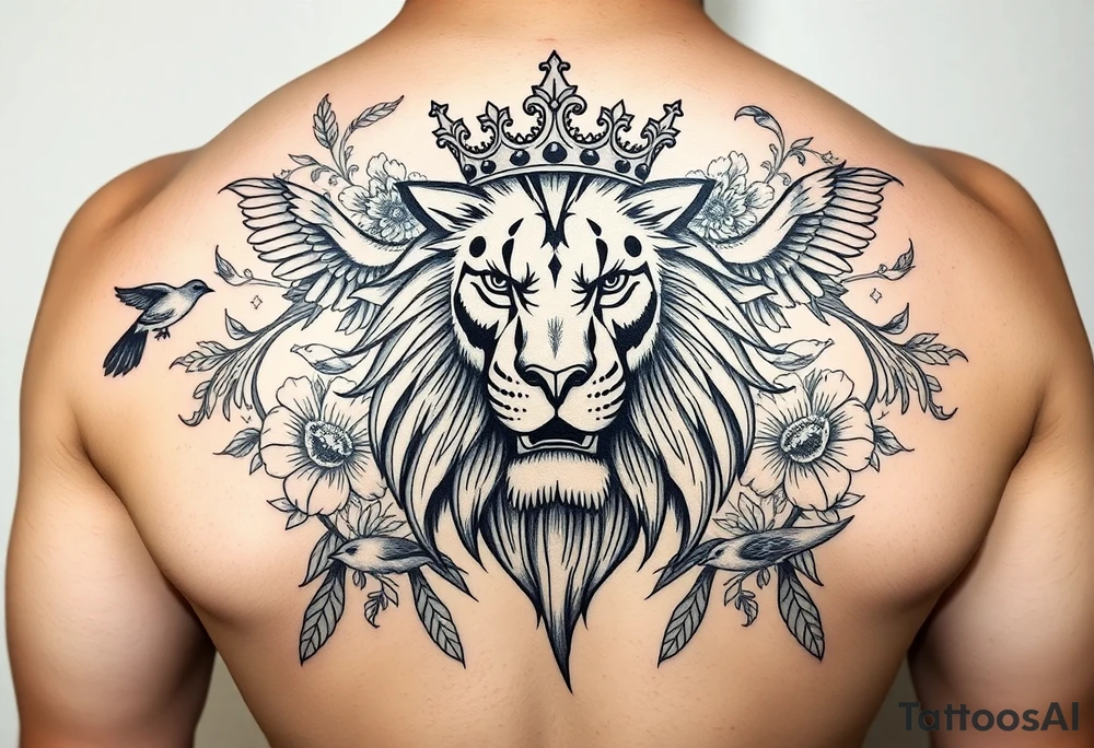 powerful majestic lion with a crown, surrounded by floral ornaments and birds tattoo idea