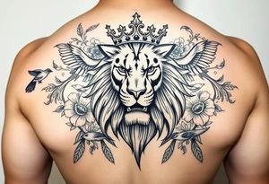 powerful majestic lion with a crown, surrounded by floral ornaments and birds tattoo idea