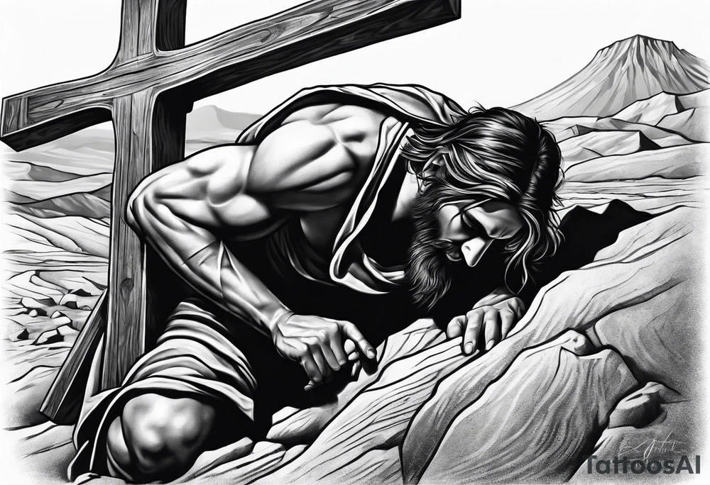 man crawling in a desert reaching to the cross of Christ tattoo idea