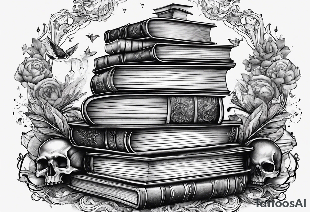 Stack of books surrounded by fantasy elements tattoo idea