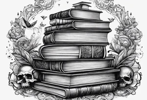 Stack of books surrounded by fantasy elements tattoo idea