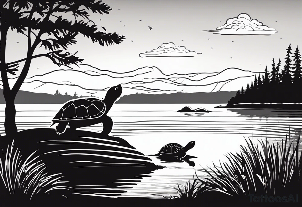 Black and white silhouette illustration of a parent turtle standing proudly on a rock, overlooking its curious hatchling. The parent turtle's expression is gentle and loving, while the hatchling gazes up with wide, admiring eyes. The scene includes minimal outlines of a calm lake and trees framing the illustration. The background is simple, with soft, flowing lines to suggest the peaceful setting. The focus is on the bond between the turtles, captured in clear, bold black silhouettes against the serene, minimalist environment. tattoo idea