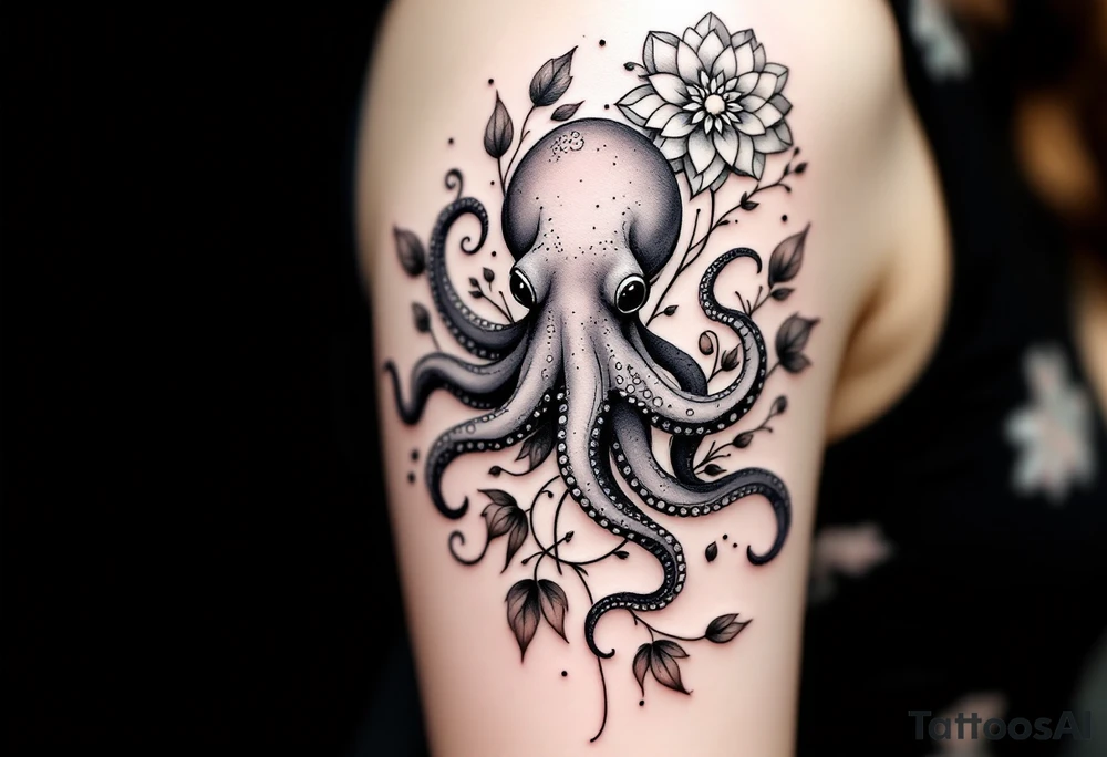 A unique, seamless tattoo composition combining marine and botanical elements. A small, realistic octopus with detailed linework and smooth black-and-grey shading is integrated into an elegant floral vine. The octopus’ tentacles flow naturally and intertwine with thin black swirling lines and soft, semi-transparent brown leaves that wrap around the upper arm and shoulder. On the shoulder, a delicate mandala-style flower blooms, with dotwork and ornamental flourishes that radiate outward.
The overall style is fine-line, minimalistic, and organic — blending the lifelike texture of the octopus with the graceful rhythm of the botanical flow. Feminine, artistic, and slightly surreal, as if the octopus is part of the natural growth of the vines. Design is intended for placement on the upper arm and shoulder, curving naturally with the body. tattoo idea
