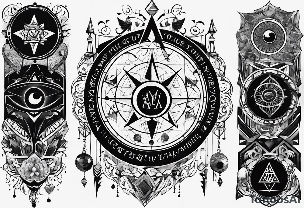 I want a mysterious enigmatic tattoo, with mysterious symbols and phrases, with the meaning of curiosity about conspiracy theories, the future, and the past, something that completes the upper part of the arm that is between the middle of the arm and the shoulder tattoo idea