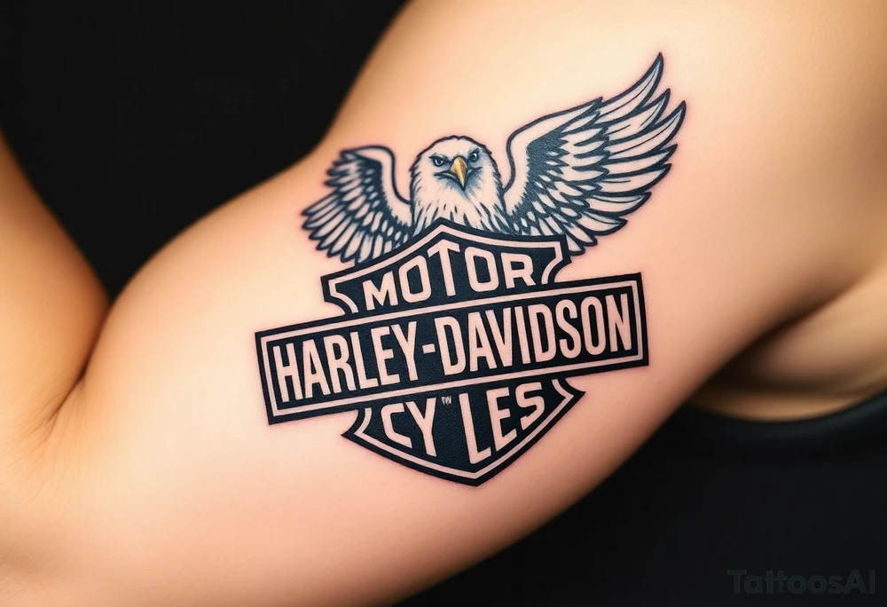 Harley Davidson logo with bald eagle American flag background shaded in tattoo idea