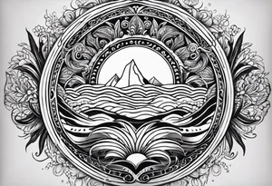 Tatouage ornement noir et blanc. les kangourous et la vie, un soleil, des vagues. Ainsi que  des feuilles provenant d’Australie et de  Bali. Lignes très fines. tattoo idea