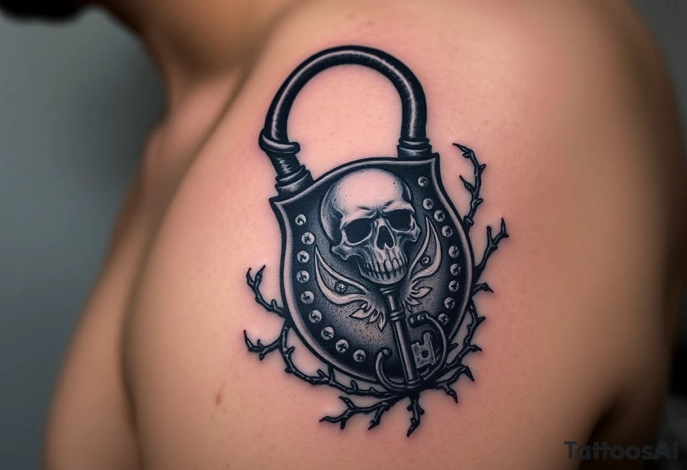 A black gothic-style lock with silver skull details, with a matching key entwined in thorny vines tattoo idea