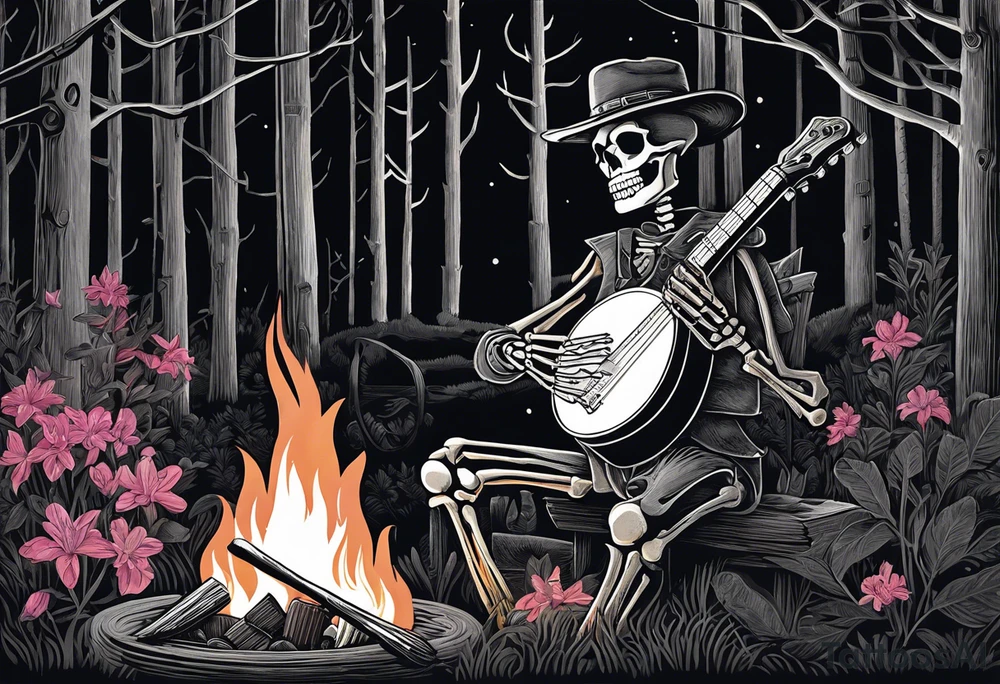 Foreground: The skeleton in a coal miner's hat, animatedly playing the banjo. The light from the campfire illuminates the skeleton and the nearby surroundings, casting intricate shadows.
Midground: The glowing campfire, with flames realistically designed in black and grey shades to emphasize movement and light.
Background: Subtle outlines and shading of rhododendron plants, giving a natural and dense feel to the woods. These can be stylized to blend seamlessly with the style of the tattoo.
Sky: A night sky speckled with stars, adding depth and a sense of time to the scene, with the stars providing a contrast against the dark sky. tattoo idea