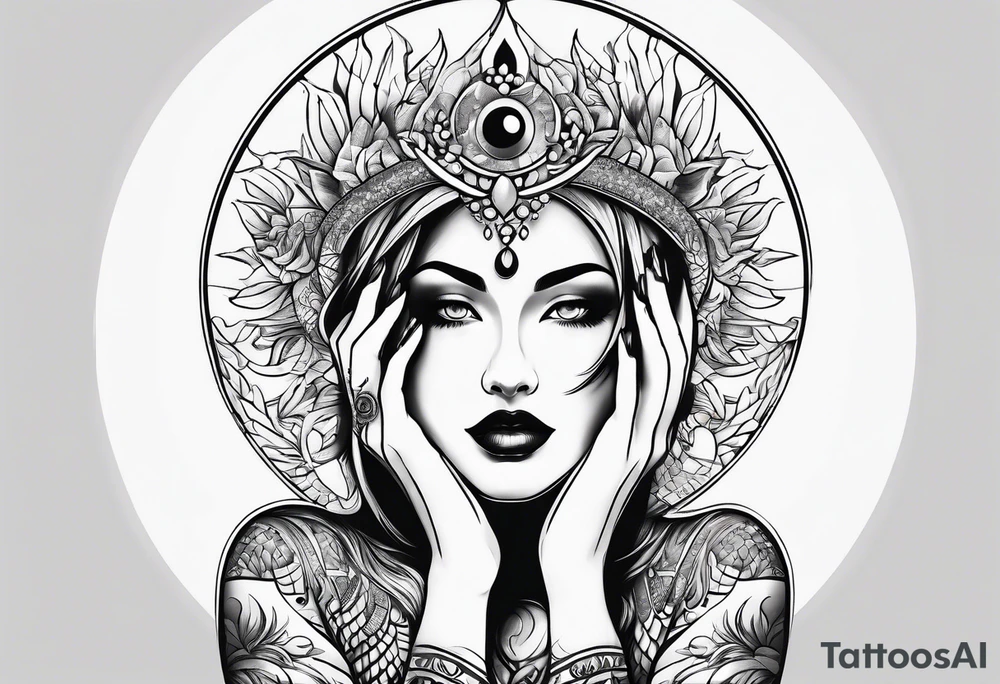 Woman , hands over head , holding orb of life tattoo idea