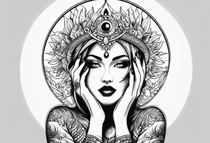 Woman , hands over head , holding orb of life tattoo idea