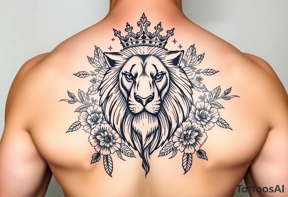 powerful majestic lion with a crown, surrounded by floral ornaments and birds tattoo idea