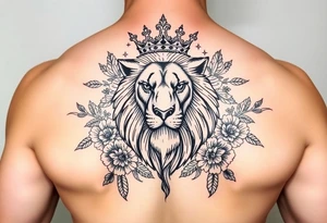 powerful majestic lion with a crown, surrounded by floral ornaments and birds tattoo idea