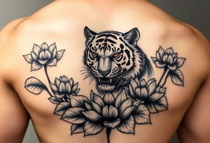 fierce tiger emerging through blooming lotus flowers in mist tattoo idea