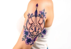 peace symbol, dog prints, Pisces symbol, intertwined with violets, amethyst, initials csb in cursive font tattoo idea
