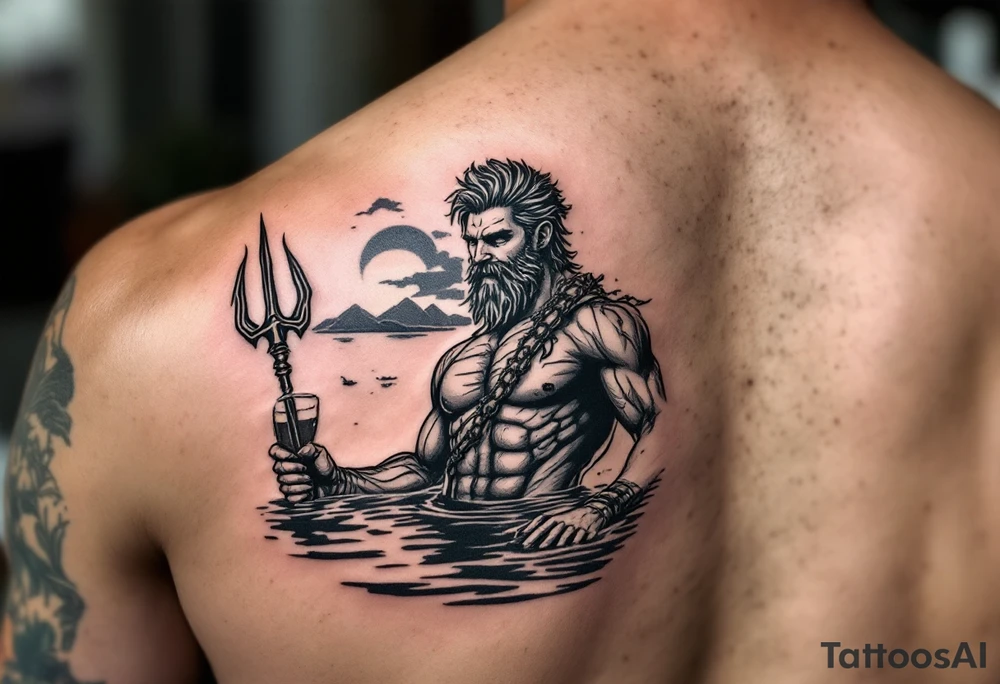 young, happy, fit, short hair, poseidon in calm water, holding a trident, drinking a beer, with sunset, with ski boat tattoo idea