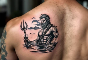 young, happy, fit, short hair, poseidon in calm water, holding a trident, drinking a beer, with sunset, with ski boat tattoo idea