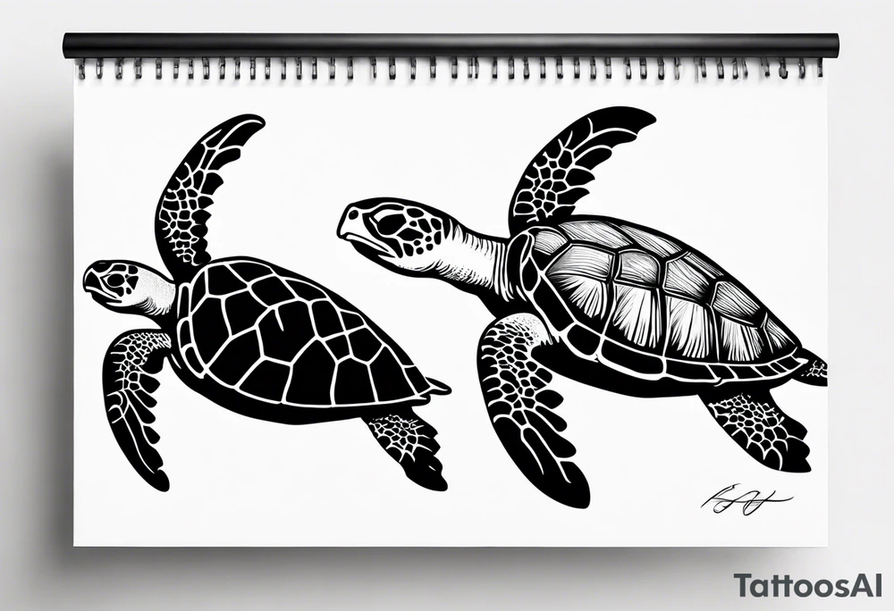 Four sea turtles swim in a row one after the other tattoo idea