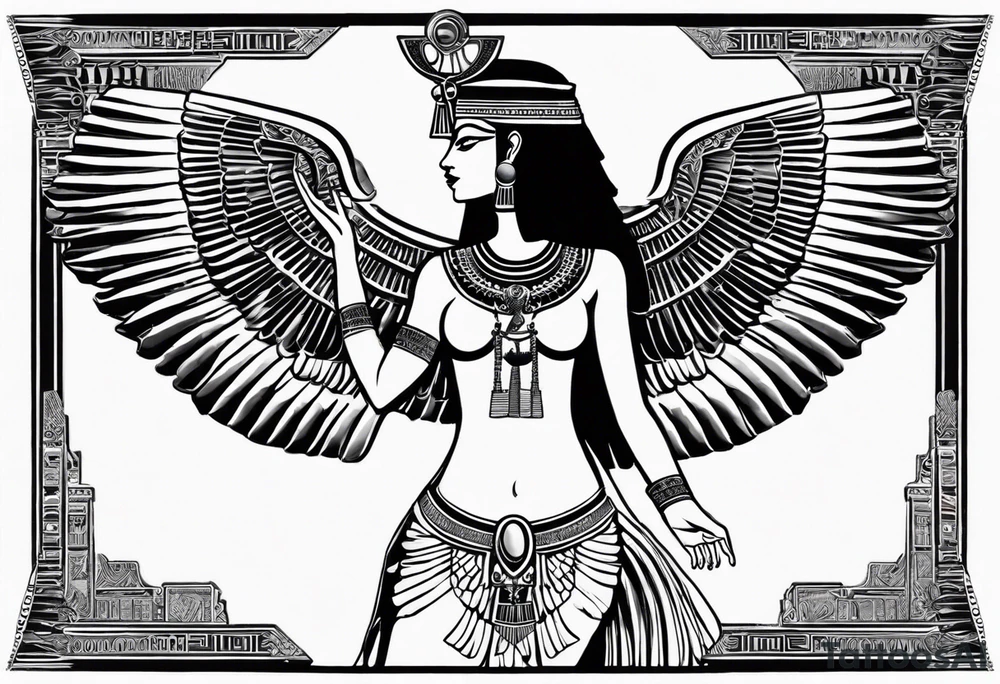 blank and white Egyptian goddess Isis, who is often depicted as a woman with outstretched wings, holding an ankh (a symbol of life) in one hand and a lotus flower in the other. Her headdress often includes a throne or a solar disk. The tattoo design can vary in style and size, but it typically aims to capture the essence of this revered Egyptian deity, emphasizing her beauty, power, and maternal qualities. The choice of colors and additional elements can also be customized to create a unique and visually striking representation of the goddess Isis tattoo idea