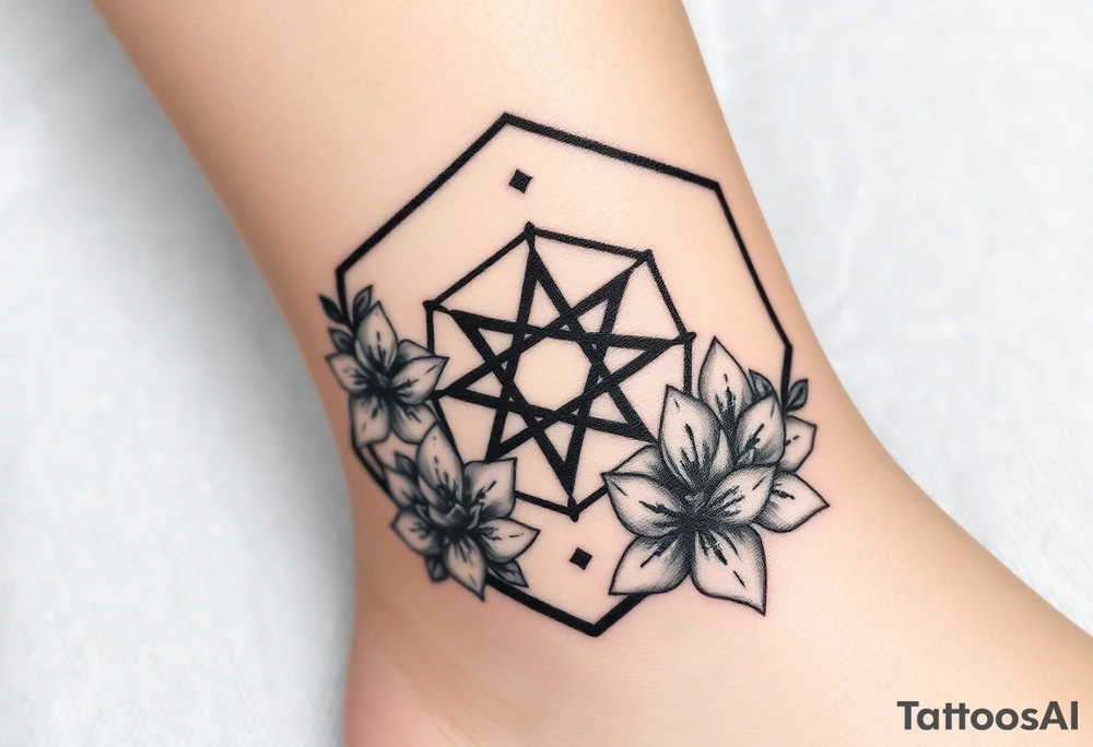 Hexagon Leo symbol larkspurs and water lilies tattoo idea