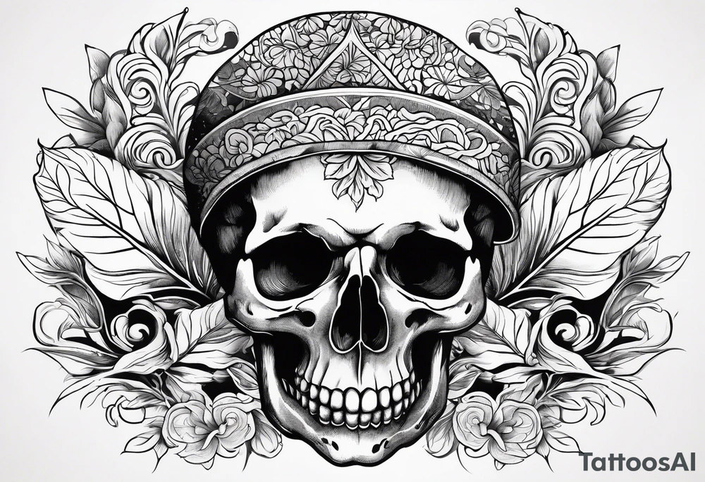 Skull and bones with leafs tattoo idea