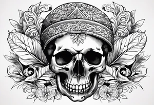 Skull and bones with leafs tattoo idea