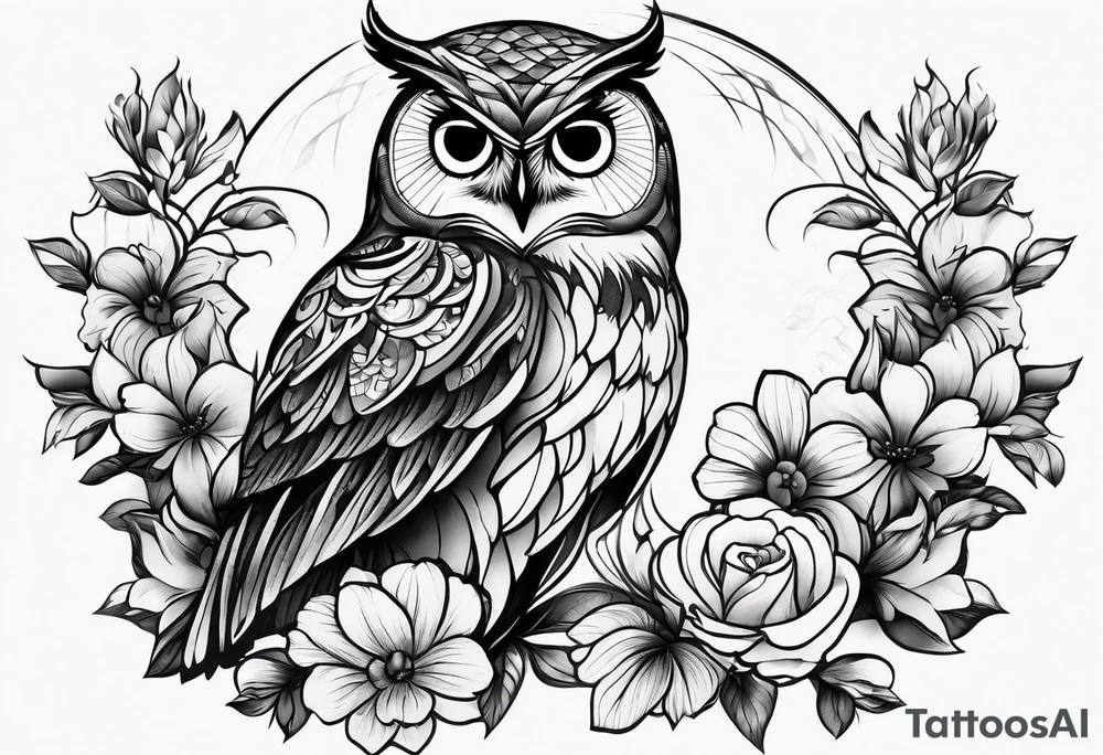 female owl with flowers tattoo idea