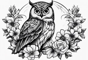 female owl with flowers tattoo idea