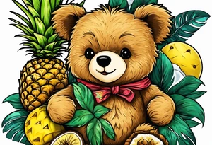Teddy bear loves pineapple and coconuts tattoo idea