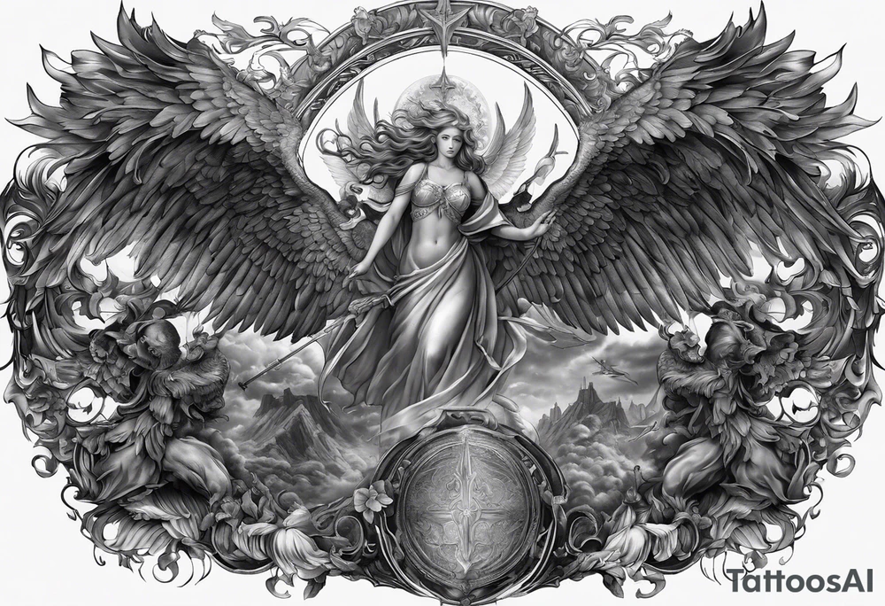 Full back piece depicting the war between angels above and demons below. Make the angels biblically accurate such as seraphim, ophanim, virtues, etc tattoo idea