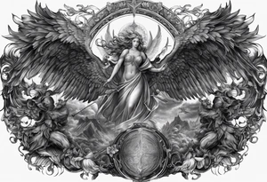 Full back piece depicting the war between angels above and demons below. Make the angels biblically accurate such as seraphim, ophanim, virtues, etc tattoo idea