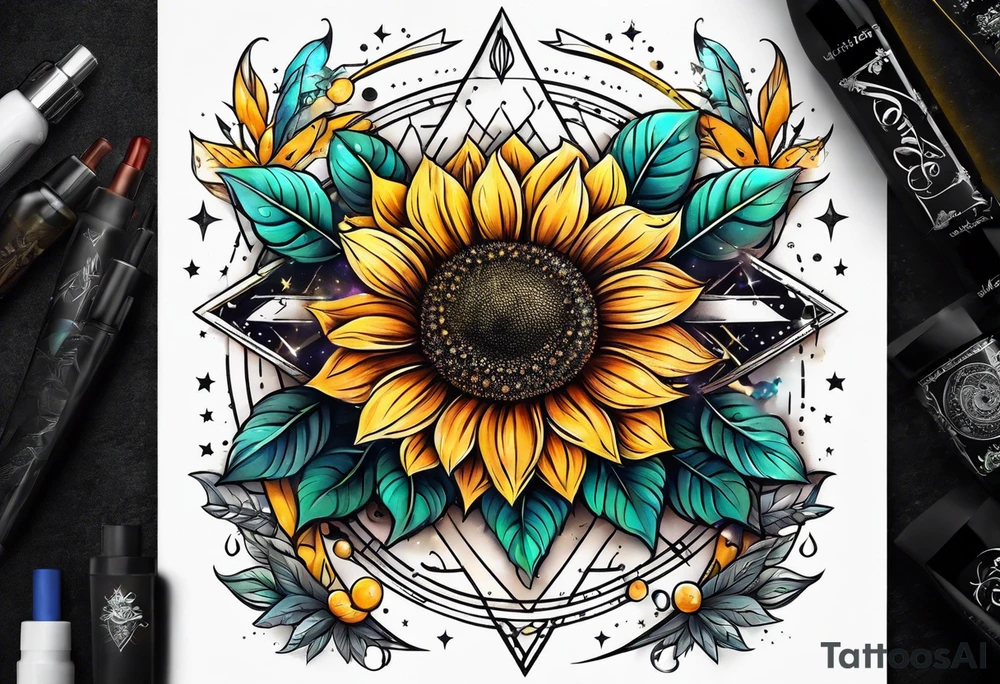 elegant tattoo with a small sunflower surrounded by cosmic stars and arrow tattoo idea