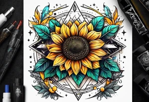 elegant tattoo with a small sunflower surrounded by cosmic stars and arrow tattoo idea