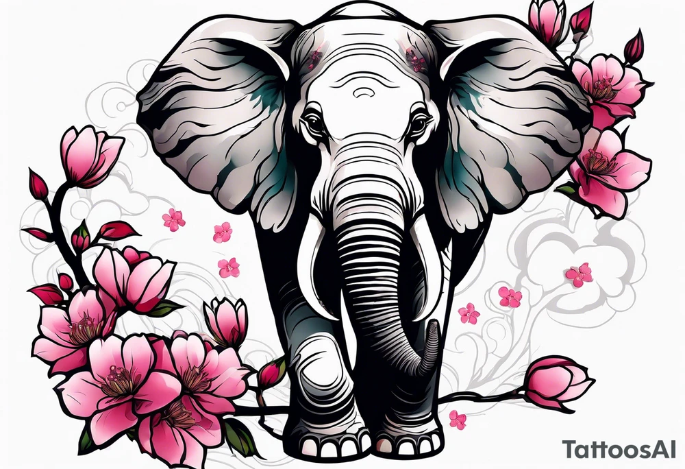 japanese cherry blossoms with a fun elephant in the background tattoo idea