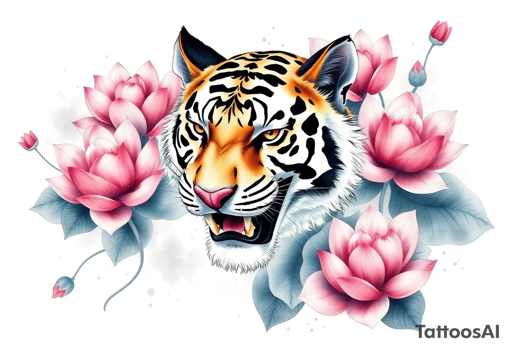 fierce tiger emerging through blooming lotus flowers in mist tattoo idea