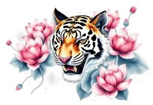 fierce tiger emerging through blooming lotus flowers in mist tattoo idea