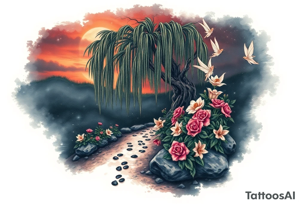 Sunset galaxy. Rocky Dark Ocean.  fairies, mermiads, dragons  weeping willow garden with roses and lilies flower beds,,  cat paw prints path in dirt. tattoo idea