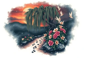 Sunset galaxy. Rocky Dark Ocean.  fairies, mermiads, dragons  weeping willow garden with roses and lilies flower beds,,  cat paw prints path in dirt. tattoo idea