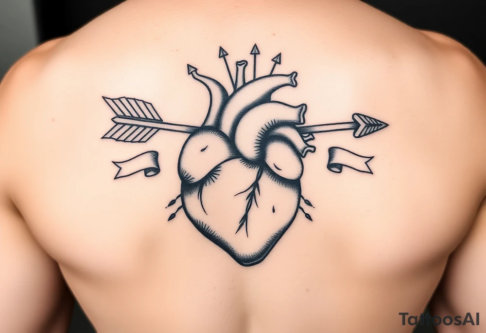 anatomical heart pierced by ornate arrow with flowing ribbons tattoo idea