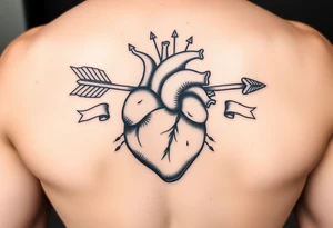 anatomical heart pierced by ornate arrow with flowing ribbons tattoo idea