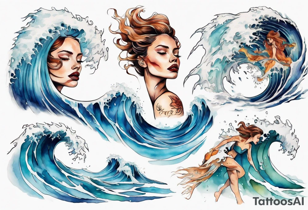 a crashing wave with the face of a woman tattoo idea
