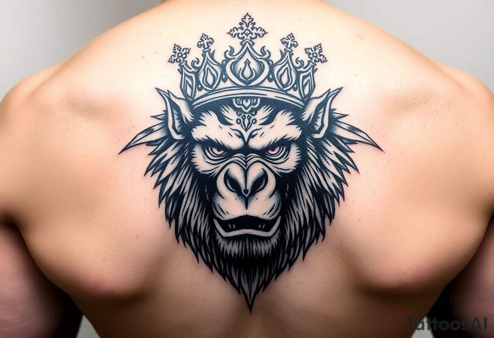 Powerful ape with crown and majestic features around it tattoo idea
