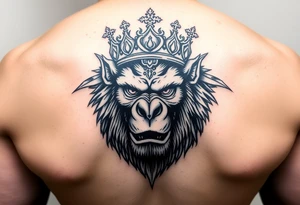 Powerful ape with crown and majestic features around it tattoo idea