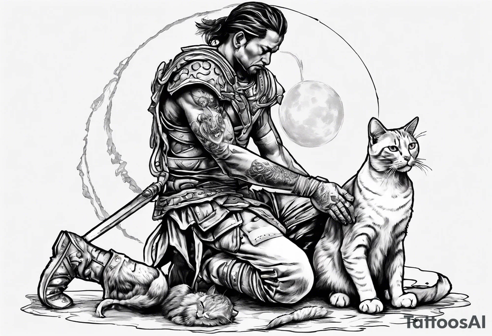 Warrior kneeling down feeding a cat with the world on his shoulders. You can’t be peaceful without being capable of violence tattoo idea