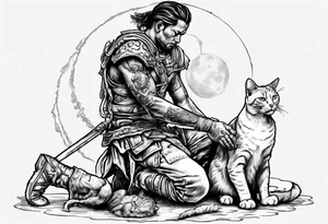 Warrior kneeling down feeding a cat with the world on his shoulders. You can’t be peaceful without being capable of violence tattoo idea