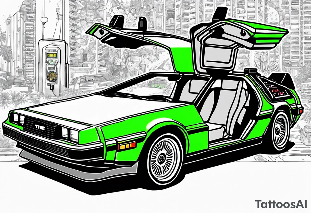 The matrix green numbers, back to the future Delorean with driver door open, with the fear and loathing in Las Vegas background. tattoo idea