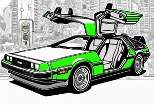 The matrix green numbers, back to the future Delorean with driver door open, with the fear and loathing in Las Vegas background. tattoo idea