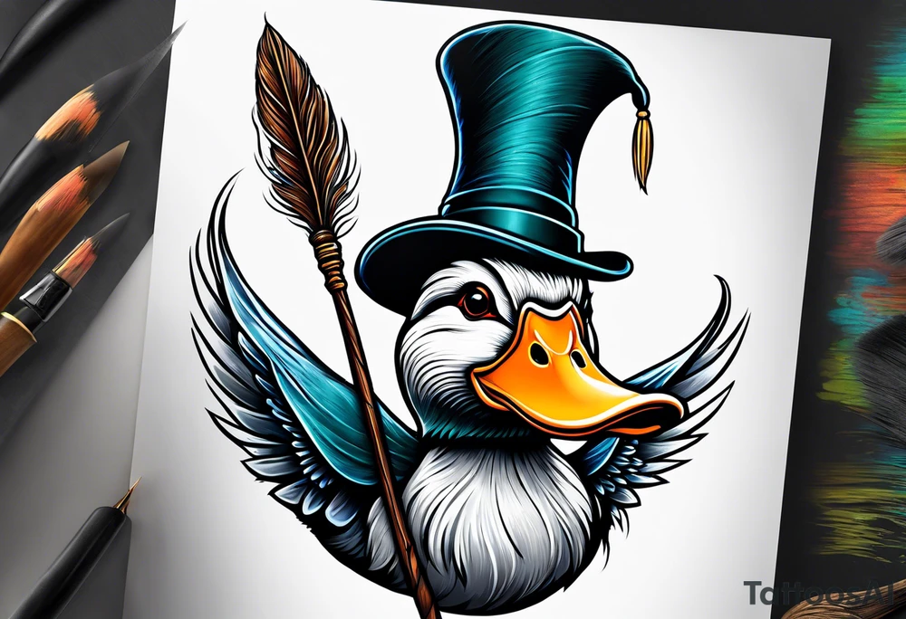 Mallard Duck with a wand and a wizard hat tattoo idea