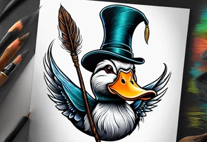 Mallard Duck with a wand and a wizard hat tattoo idea