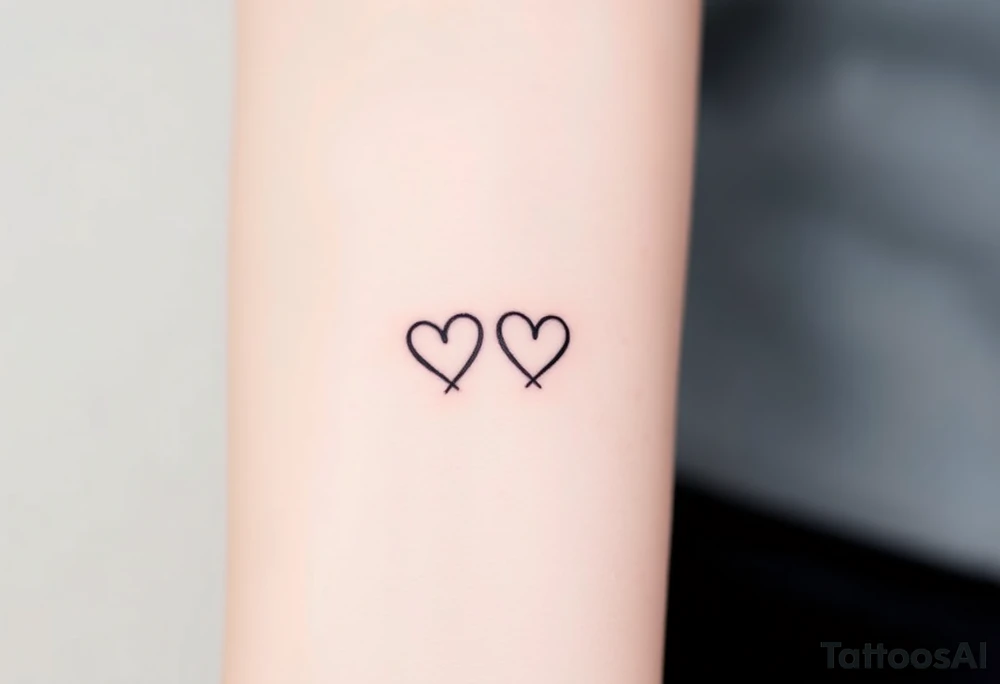 A minimalist infinity symbol with two tiny hearts at the end of each loop, rendered in a thin, black ink for a subtle, timeless look tattoo idea